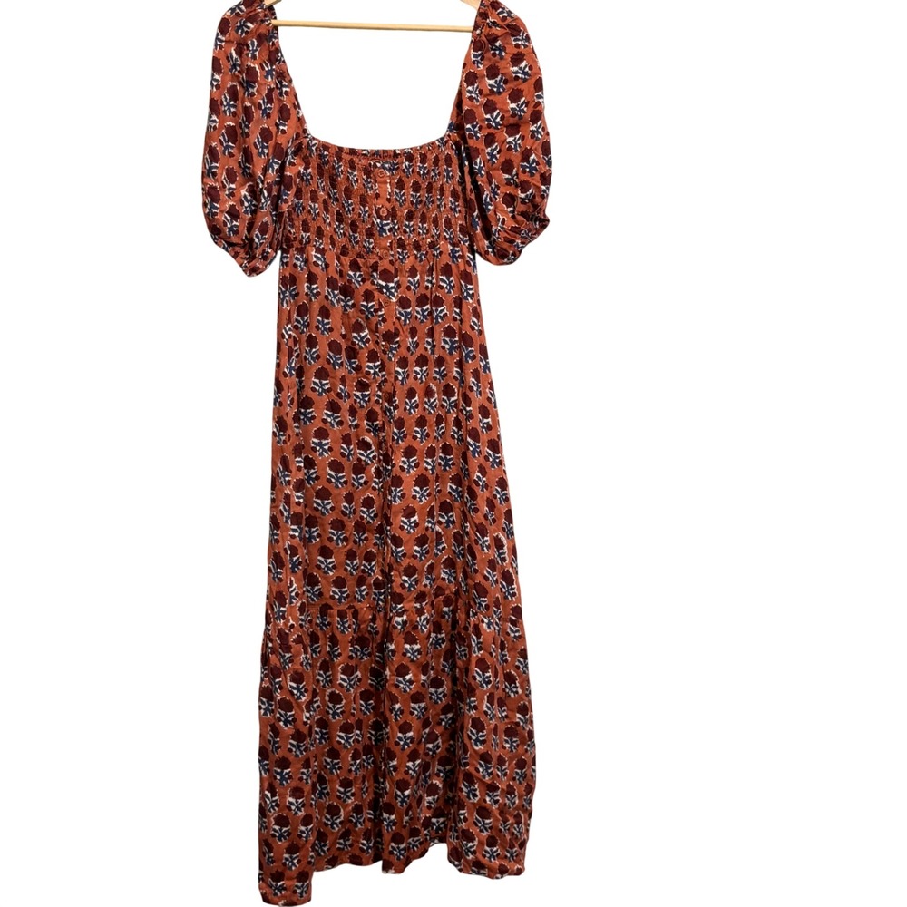 Emerson Fry India Collection Dress Hand Block Print Womens XS/S Smocked Maxi